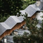 a view of a building with a wooden roof